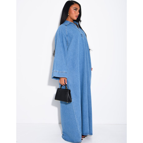Long, loose-fitting denim dress with a shirt collar