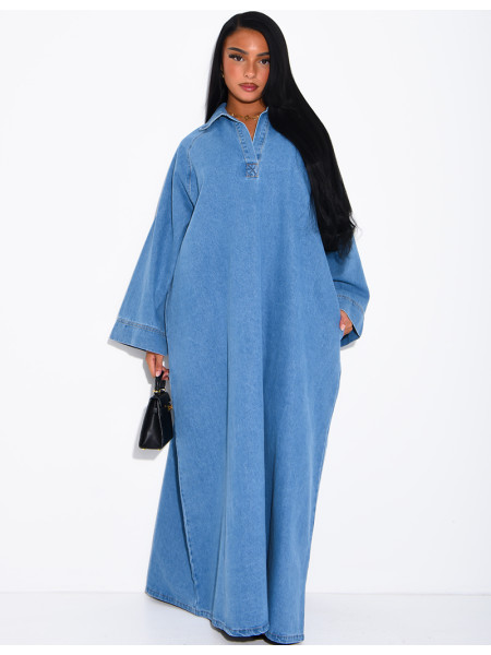 Long, loose-fitting denim dress with a shirt collar
