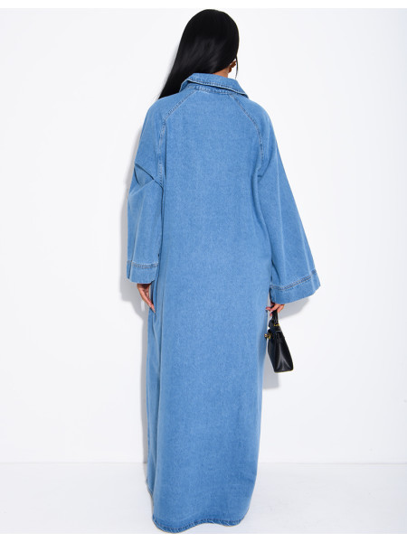 Long, loose-fitting denim dress with a shirt collar