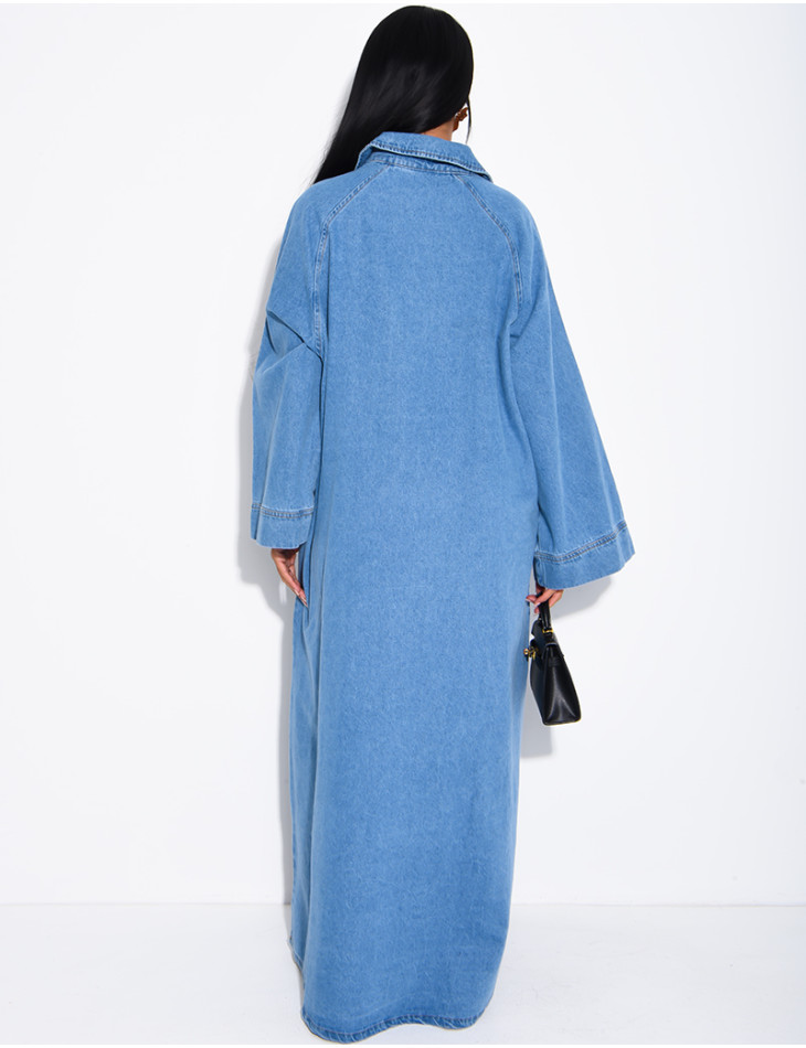 Long, loose-fitting denim dress with a shirt collar