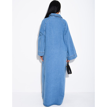 Long, loose-fitting denim dress with a shirt collar