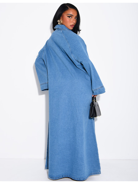 Long, loose-fitting denim dress with a shirt collar