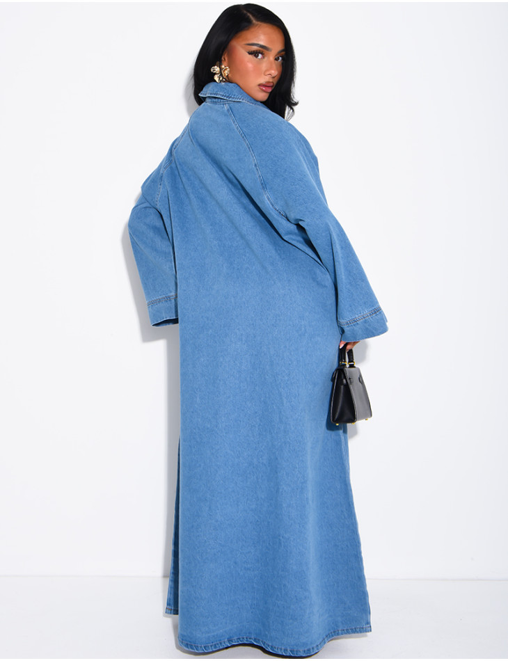Long, loose-fitting denim dress with a shirt collar