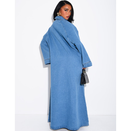 Long, loose-fitting denim dress with a shirt collar