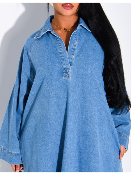 Long, loose-fitting denim dress with a shirt collar