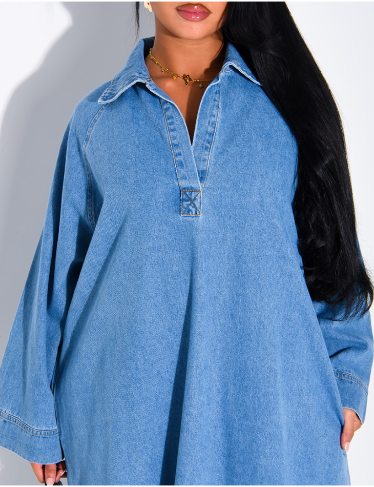 Long, loose-fitting denim dress with a shirt collar