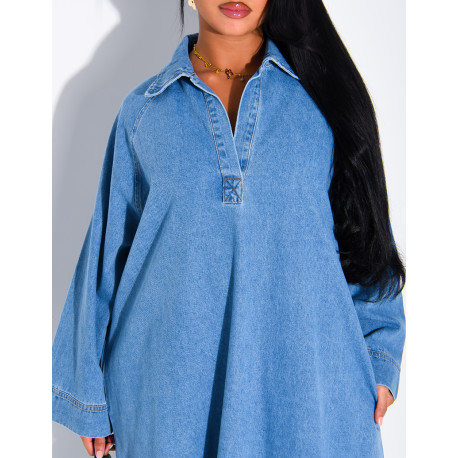 Long, loose-fitting denim dress with a shirt collar