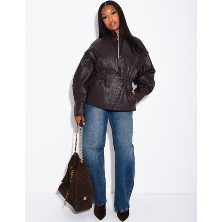 Short, grain-textured faux leather jacket, fitted at the waist