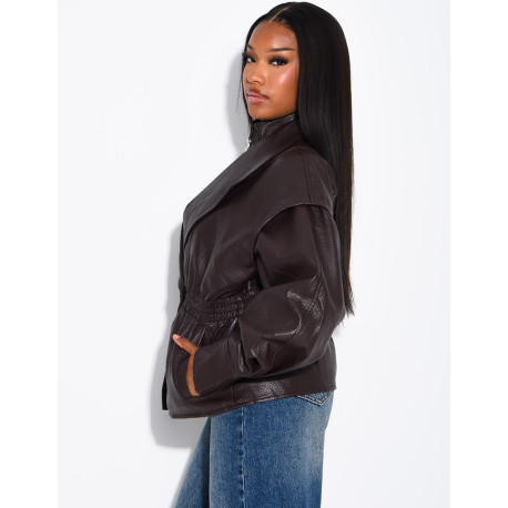 Short, grain-textured faux leather jacket, fitted at the waist