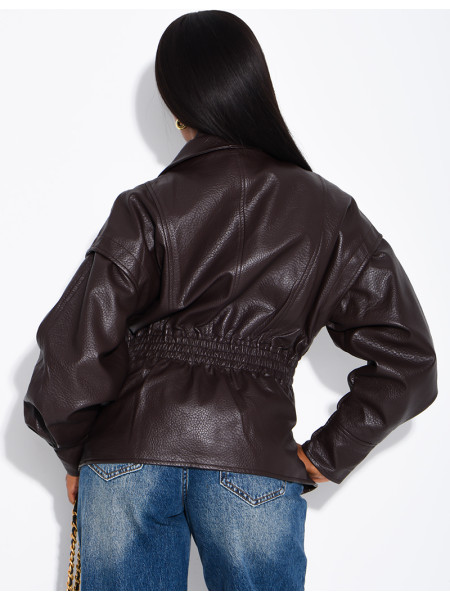 Short, grain-textured faux leather jacket, fitted at the waist