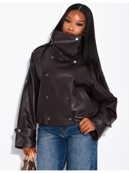 Oversized jacket in grained faux leather with a stand-up collar