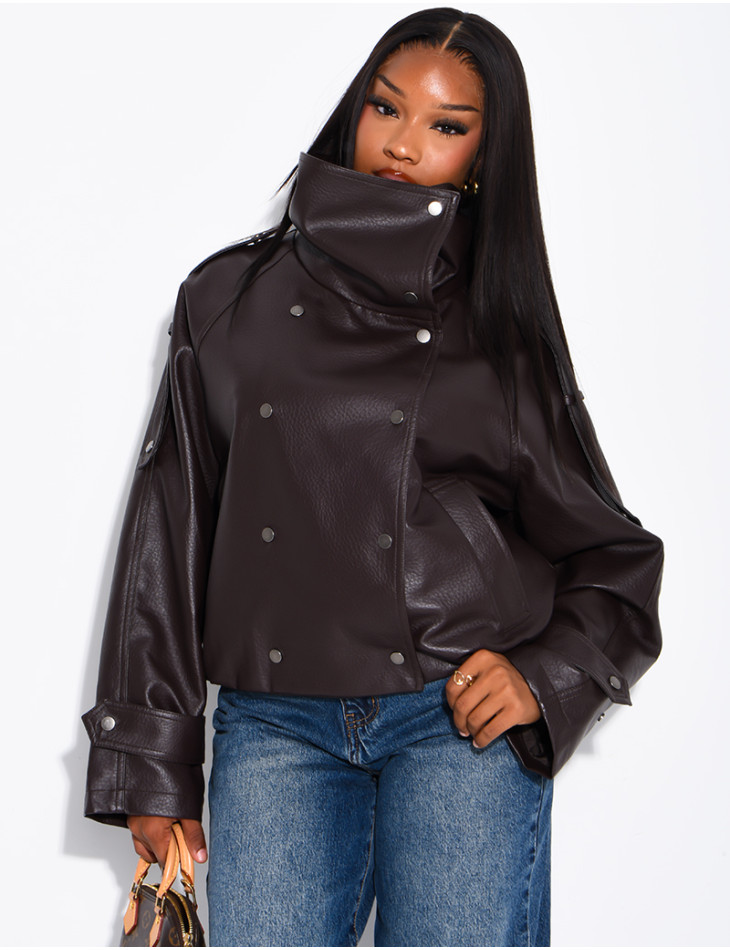 Oversized jacket in grained faux leather with a stand-up collar