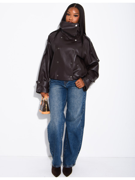Oversized jacket in grained faux leather with a stand-up collar