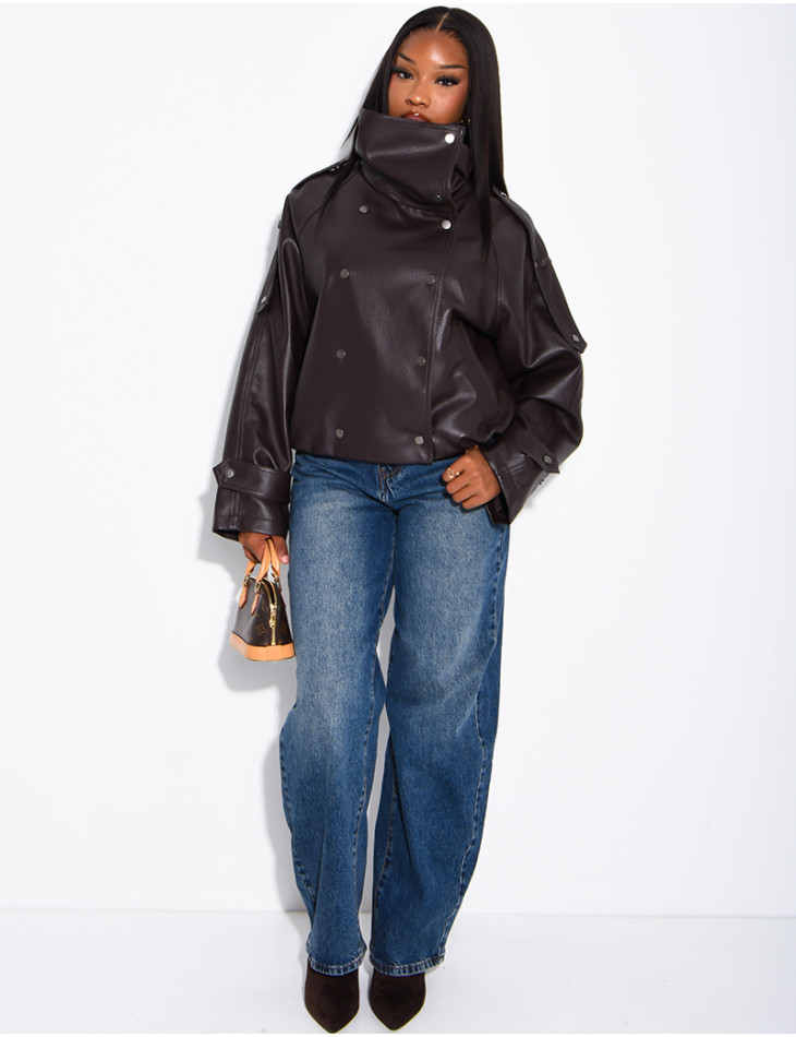 Oversized jacket in grained faux leather with a stand-up collar