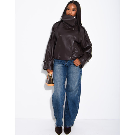 Oversized jacket in grained faux leather with a stand-up collar