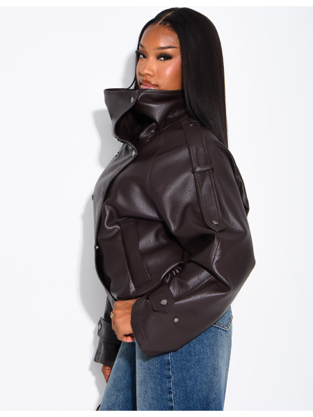 Oversized jacket in grained faux leather with a stand-up collar