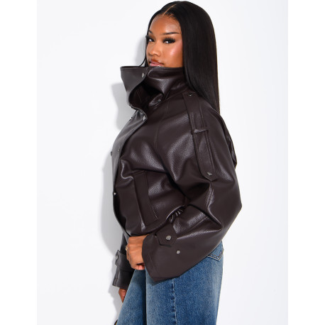 Oversized jacket in grained faux leather with a stand-up collar
