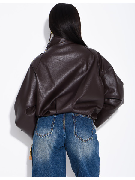 Oversized jacket in grained faux leather with a stand-up collar