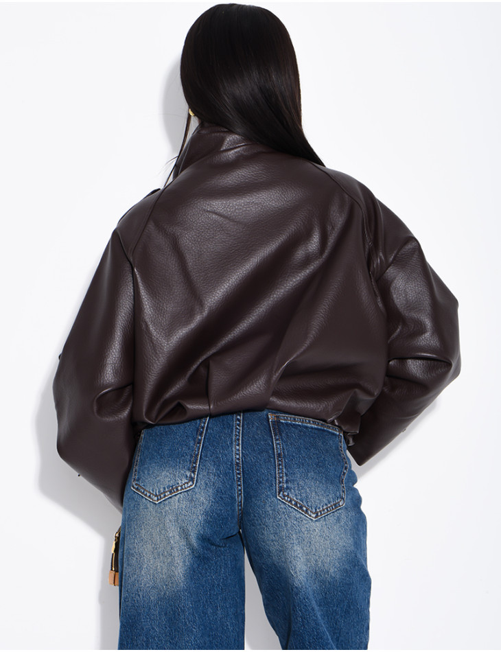 Oversized jacket in grained faux leather with a stand-up collar