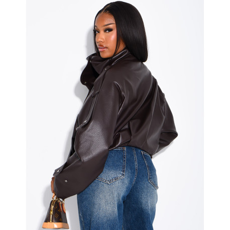 Oversized jacket in grained faux leather with a stand-up collar