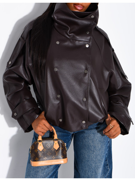 Oversized jacket in grained faux leather with a stand-up collar