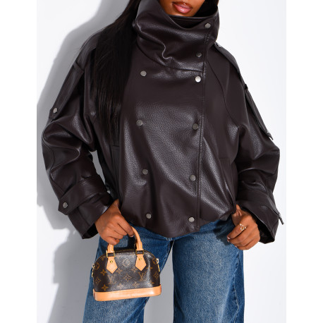 Oversized jacket in grained faux leather with a stand-up collar