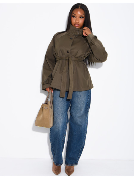 Short trench coat with belted collar