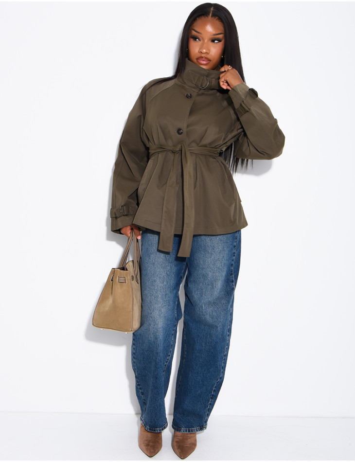 Short trench coat with belted collar