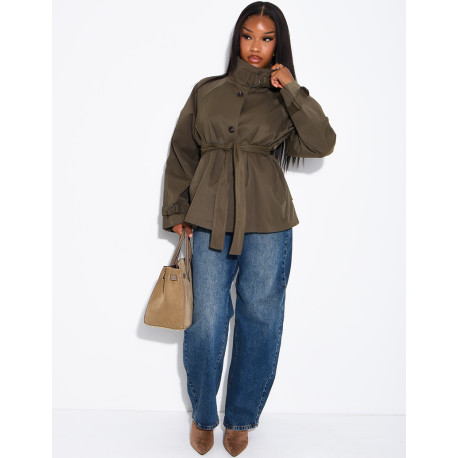Short trench coat with belted collar