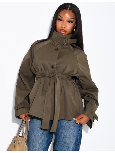 Short trench coat with belted collar