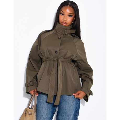 Short trench coat with belted collar