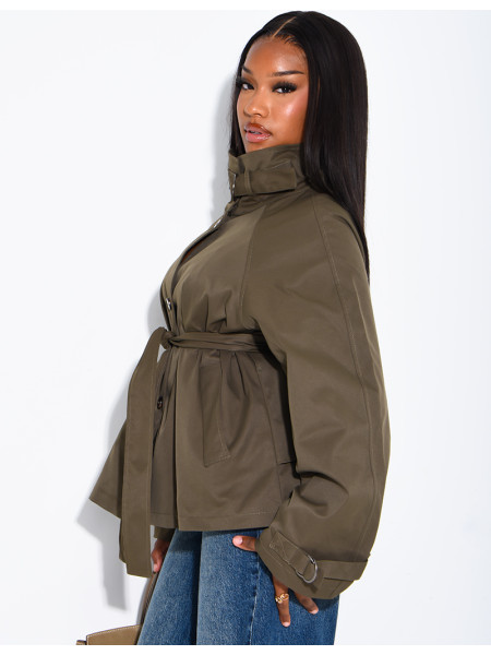 Short trench coat with belted collar