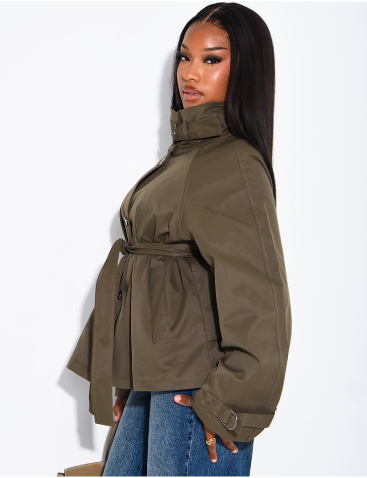 Short trench coat with belted collar