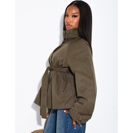 Short trench coat with belted collar