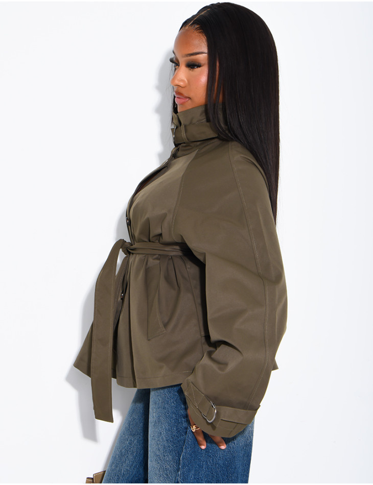 Short trench coat with belted collar