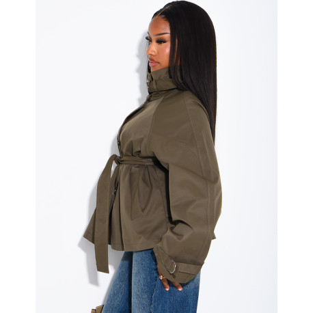 Short trench coat with belted collar