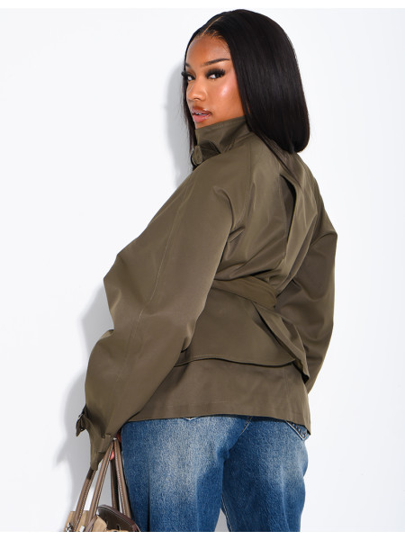 Short trench coat with belted collar