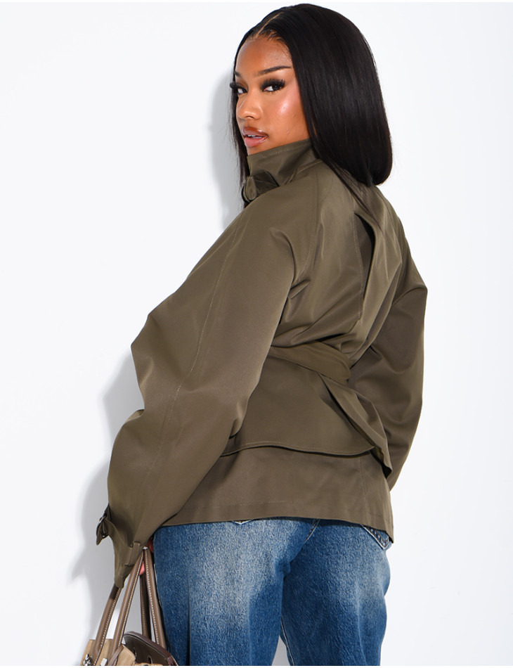 Short trench coat with belted collar