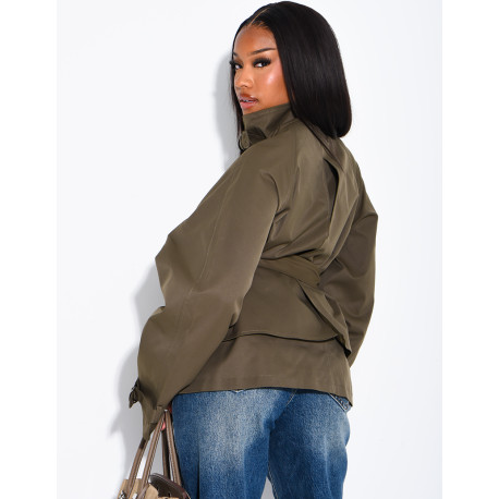 Short trench coat with belted collar