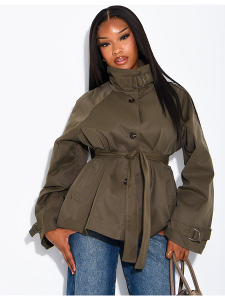 Short trench coat with belted collar