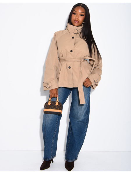 Short trench coat with belted collar