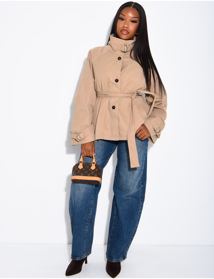 Short trench coat with belted collar