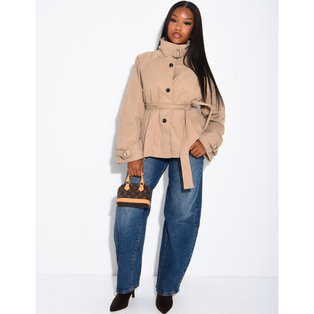 Short trench coat with belted collar