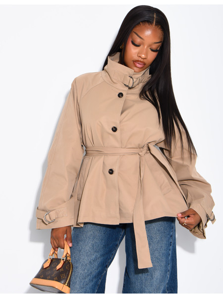 Short trench coat with belted collar
