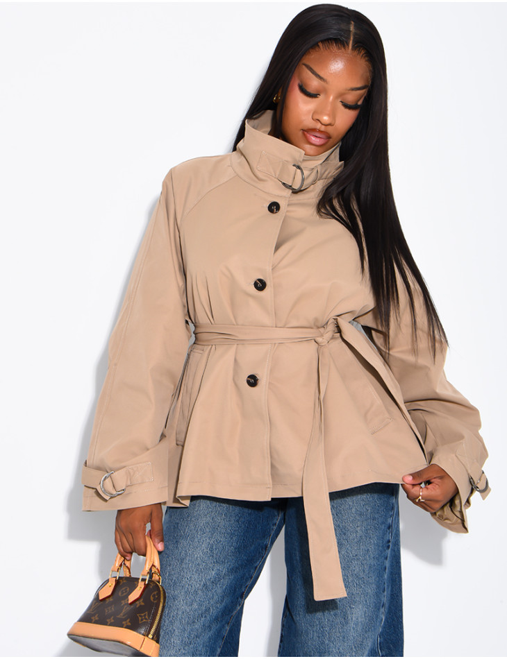 Short trench coat with belted collar