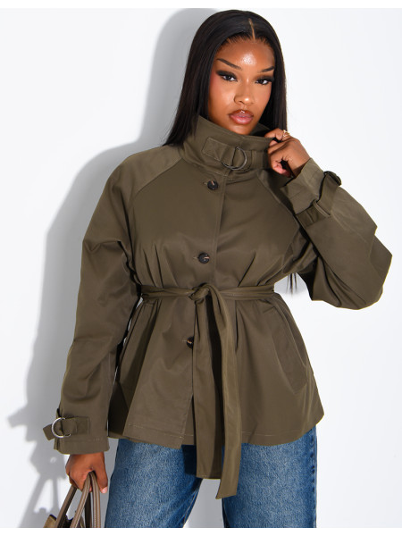 Short trench coat with belted collar