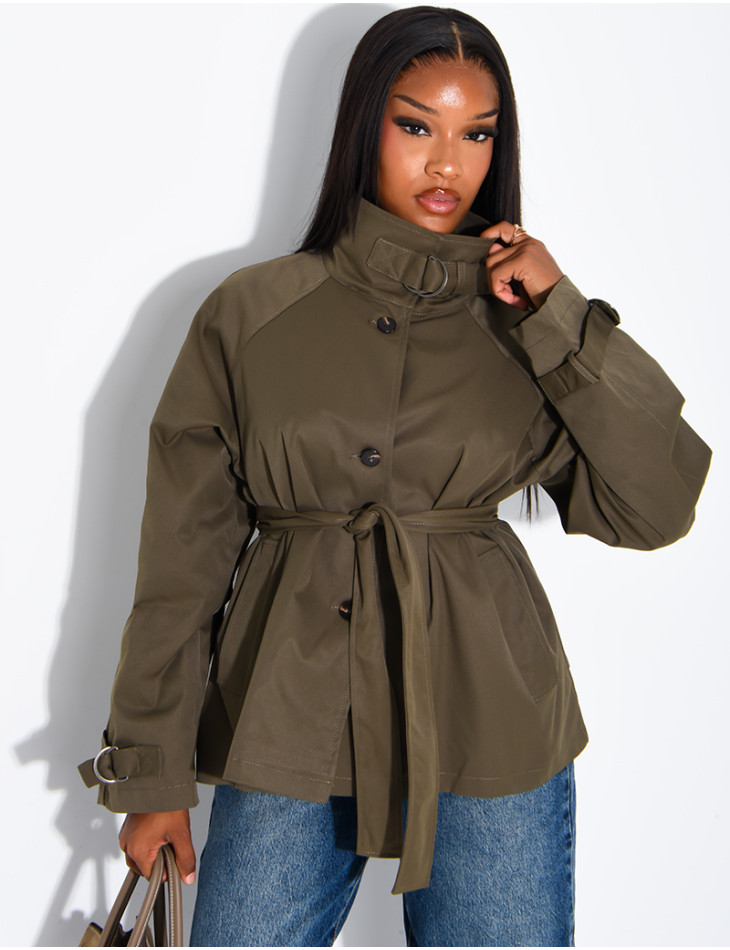 Short trench coat with belted collar