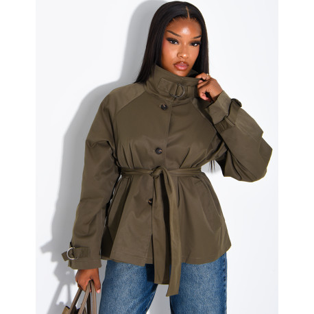 Short trench coat with belted collar