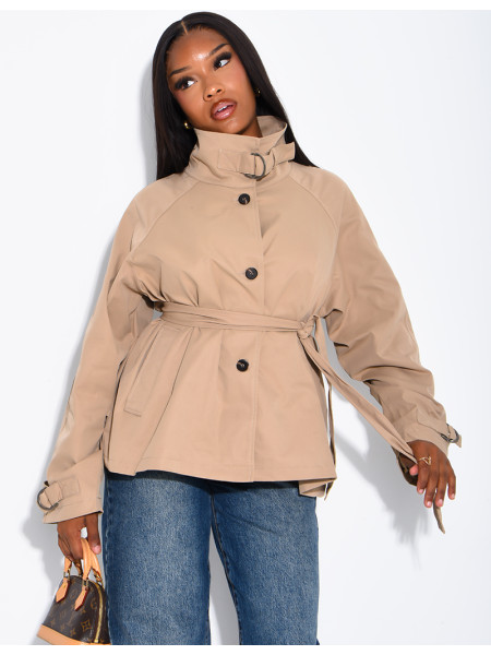 Short trench coat with belted collar
