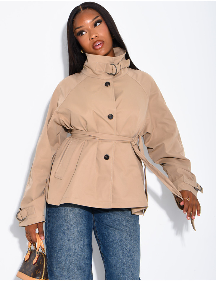 Short trench coat with belted collar